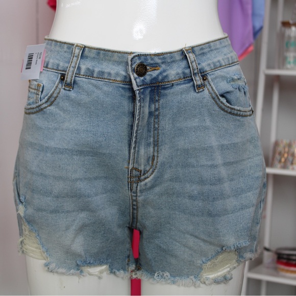 Blue High-Waisted Jean Shorts with Distressed Hem - Picture 1 of 2